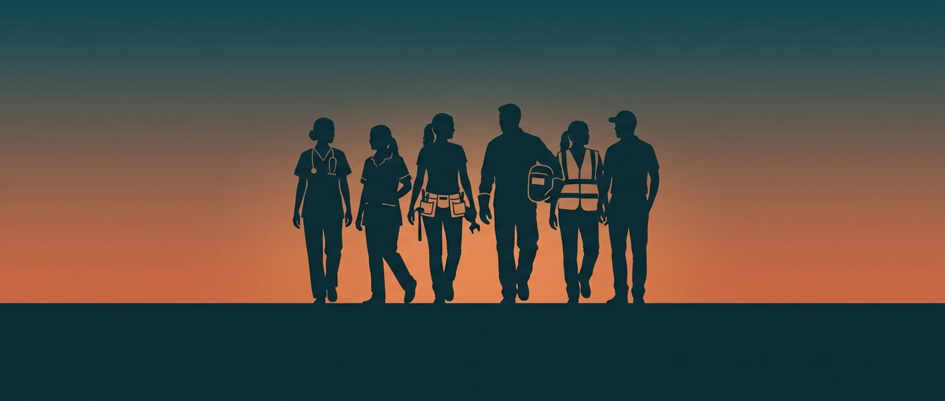 Sechs Menschen aus Pflege, Handwerk und Industrie auf dem Weg zur Arbeit, als Silhouetten vor dem Abendhimmel